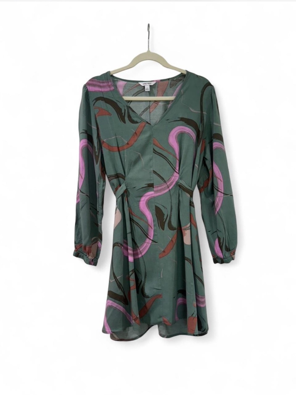 Nine West green & pink abstract print Rayon wrap dress with long sleeves Size L